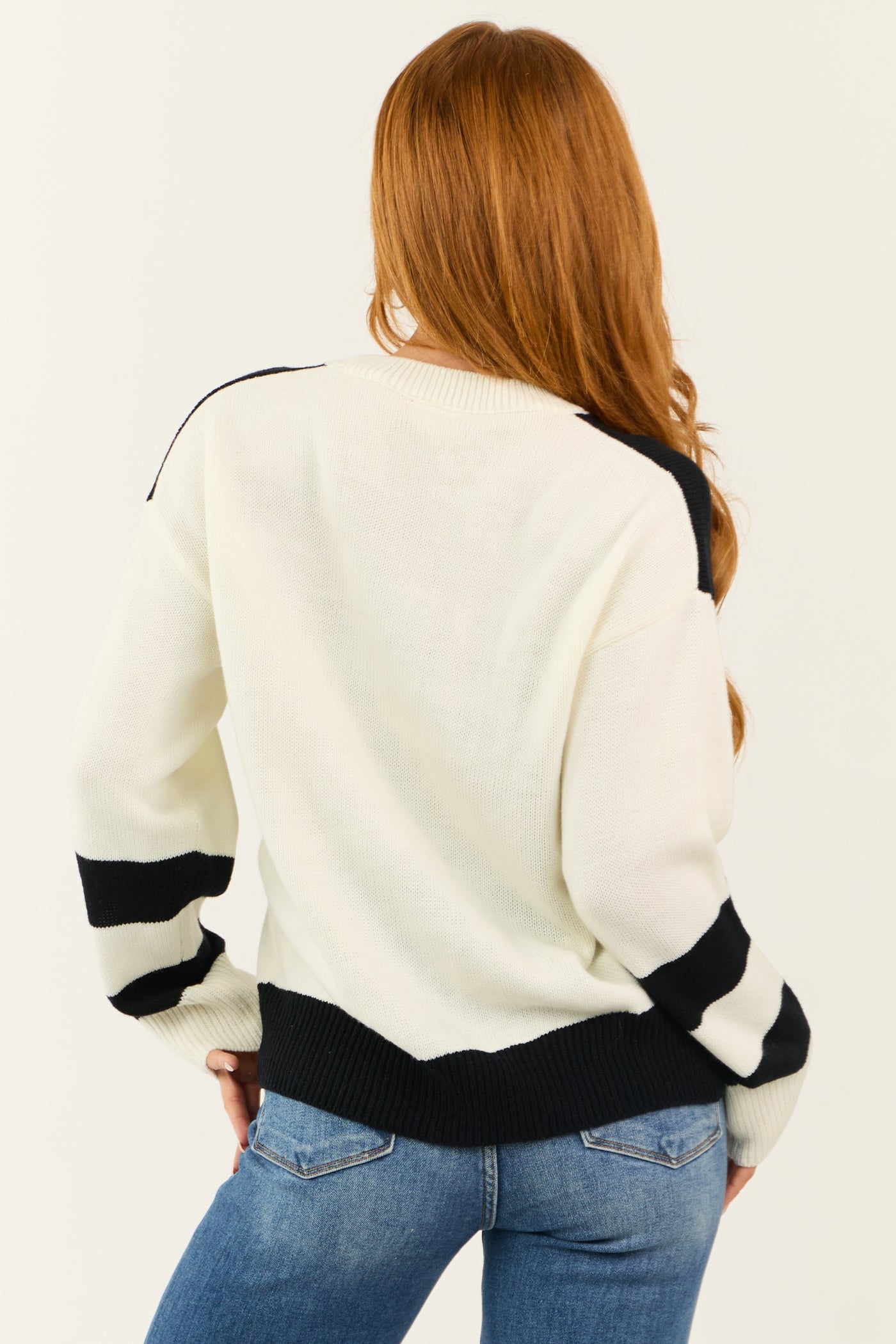 Black and Ivory 'Ski Club' Striped Knit Sweater