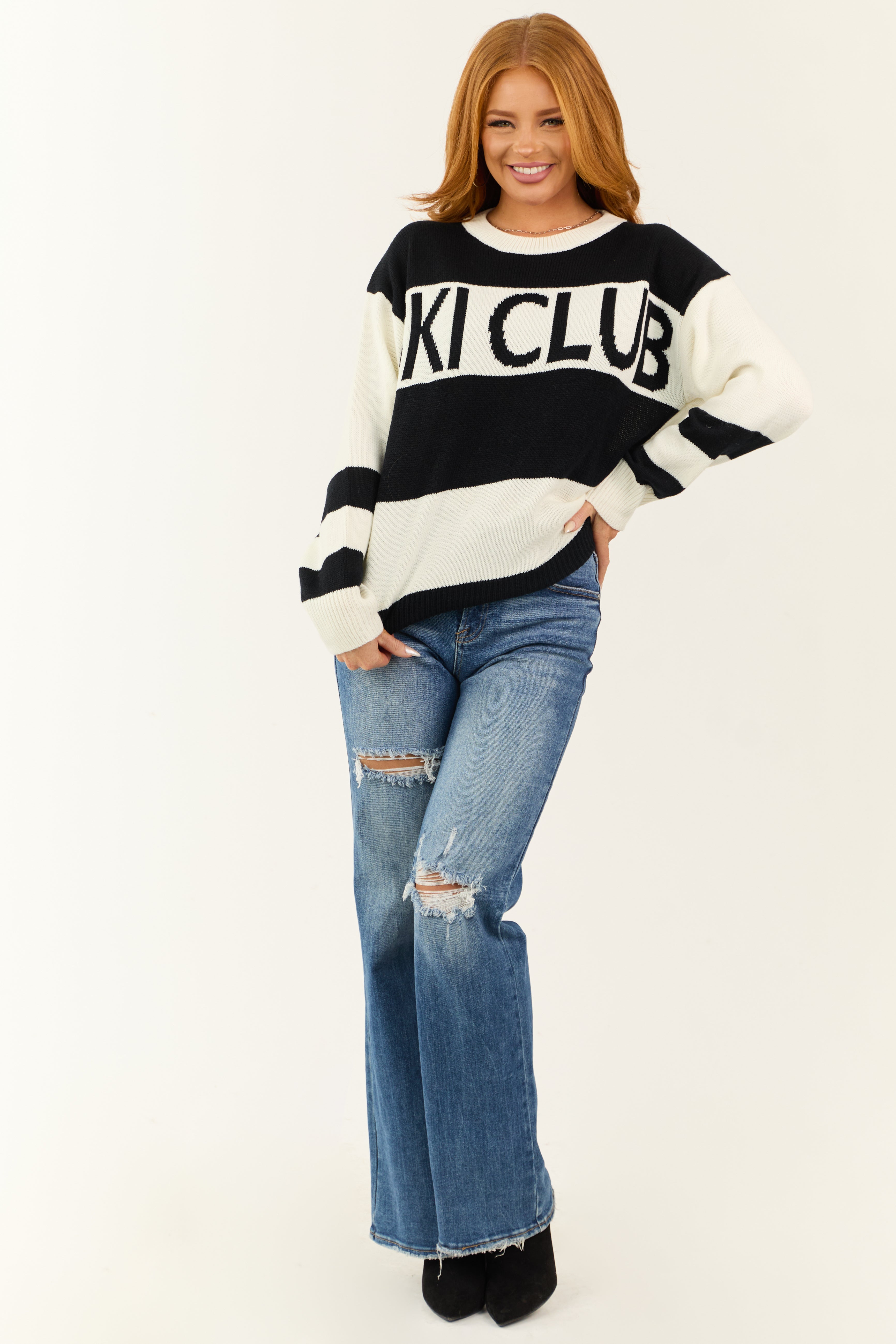 Black and Ivory 'Ski Club' Striped Knit Sweater