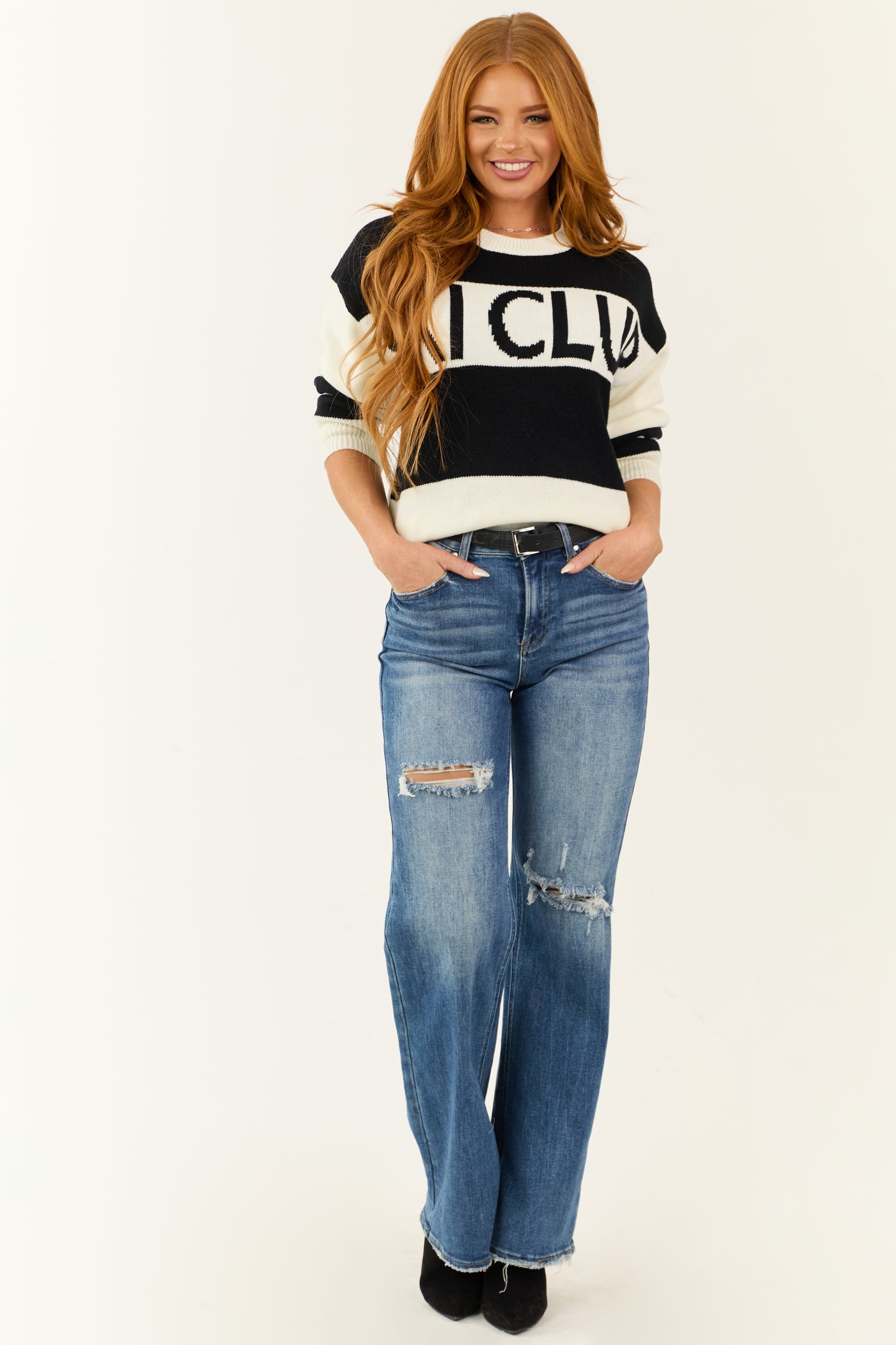 Black and Ivory 'Ski Club' Striped Knit Sweater