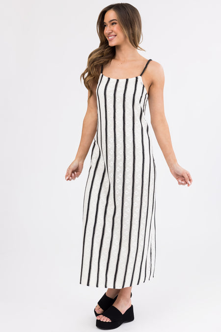 Black and Ivory Striped Bead Strap Maxi Dress