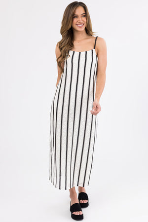 Black and Ivory Striped Bead Strap Maxi Dress