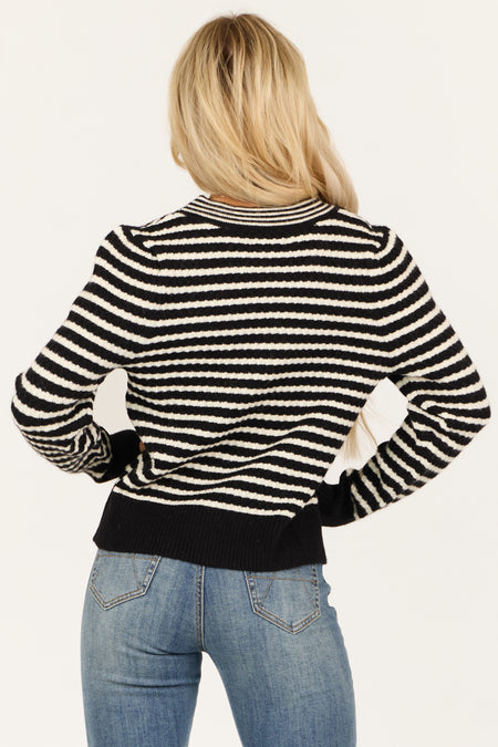 Black and Ivory Striped Bow Detail Cardigan