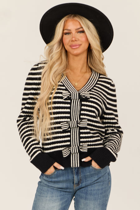 Black and Ivory Striped Bow Detail Cardigan