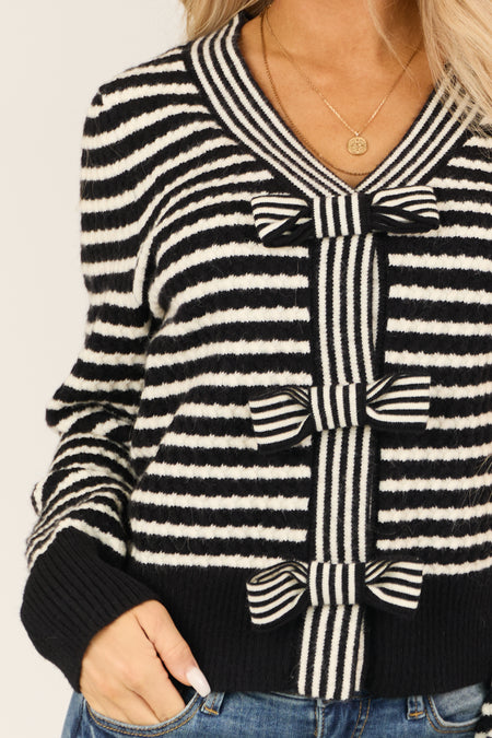 Black and Ivory Striped Bow Detail Cardigan