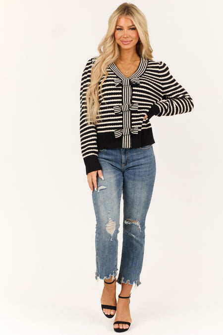 Black and Ivory Striped Bow Detail Cardigan