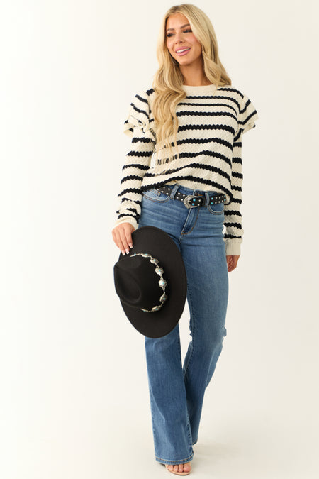 Black and Ivory Striped Ruffle Shoulder Sweater