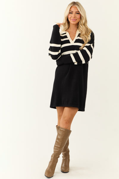 Black and Ivory Striped Short Sweater Dress