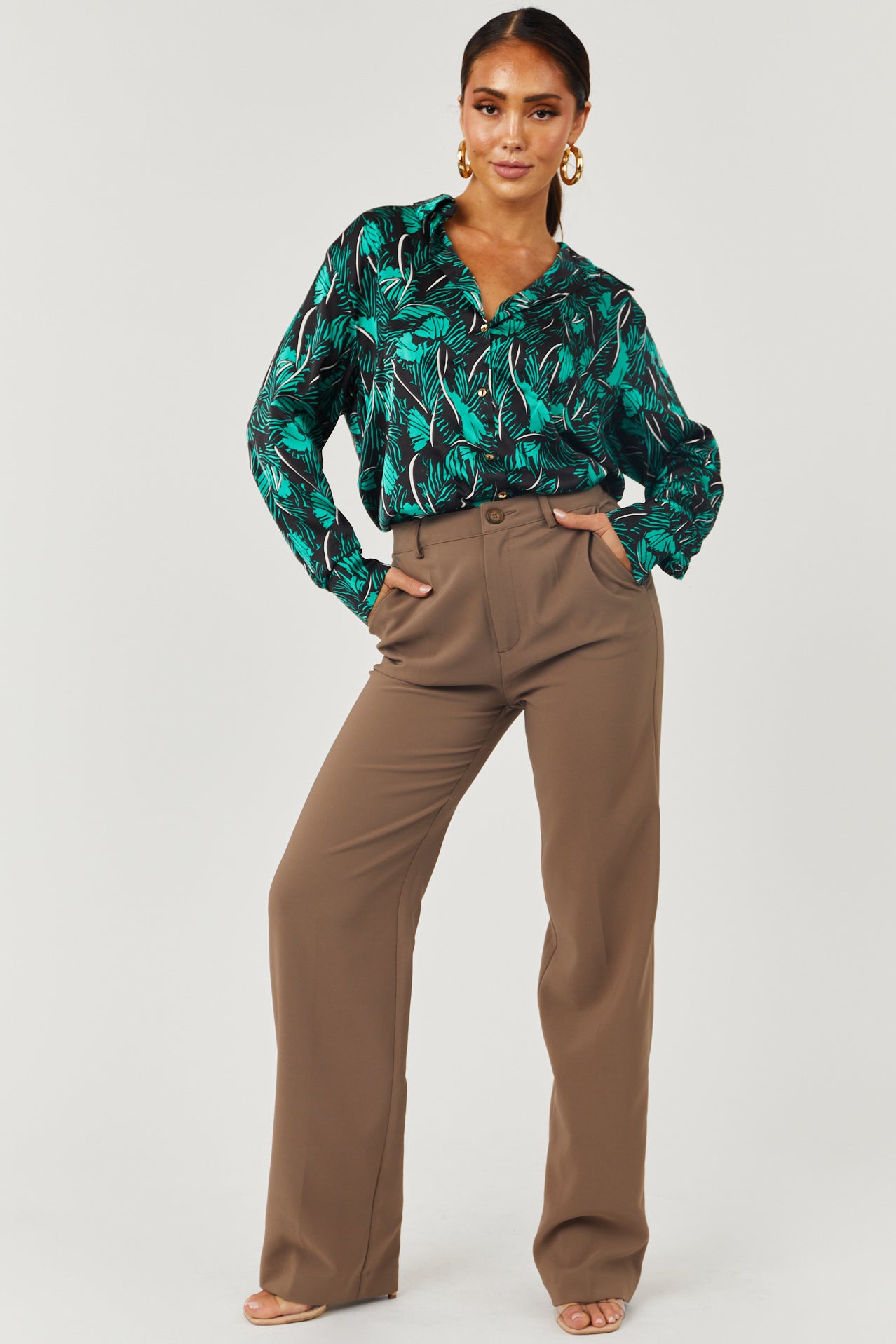 Black and Kelly Green Tropical Print Blouse