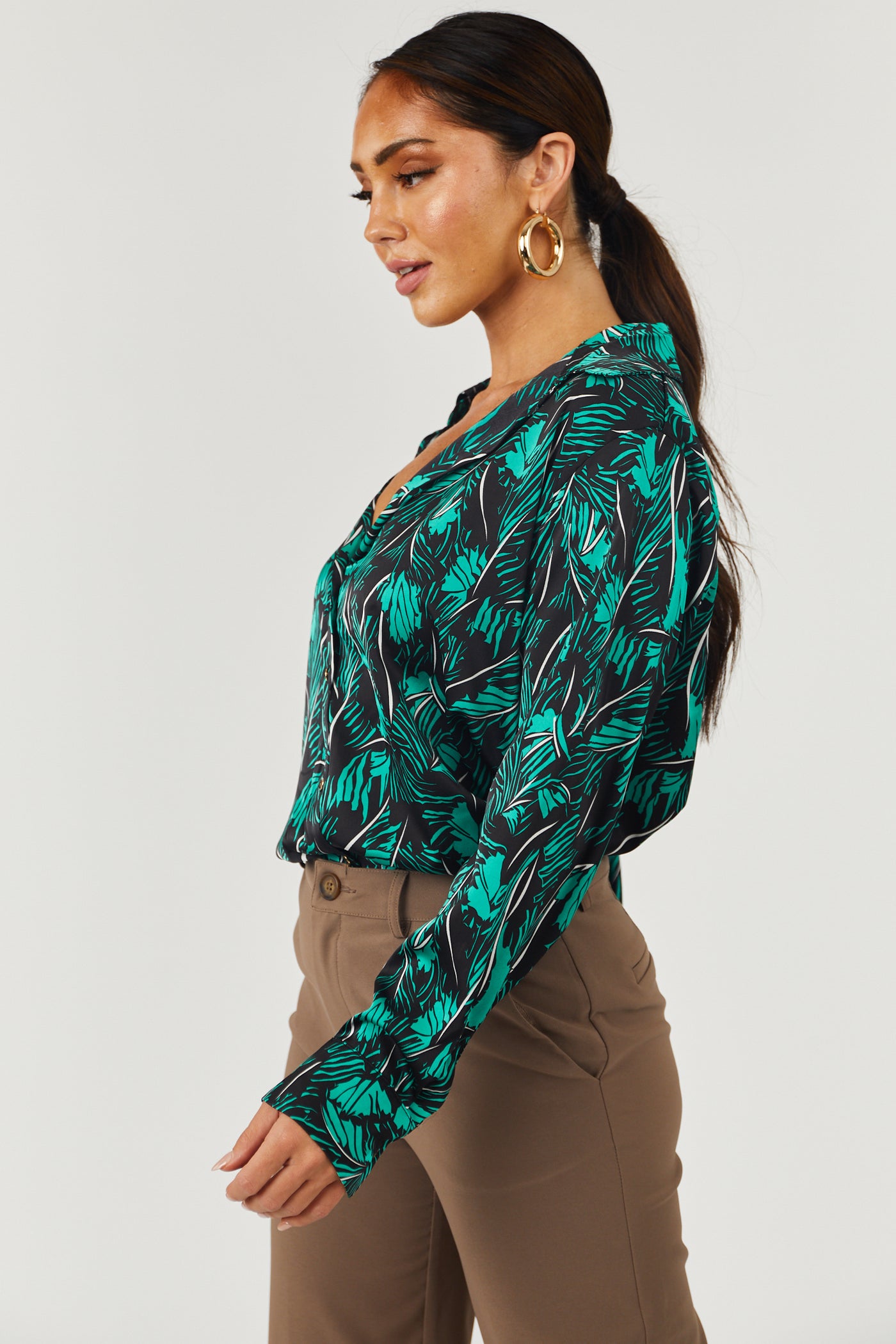 Black and Kelly Green Tropical Print Blouse