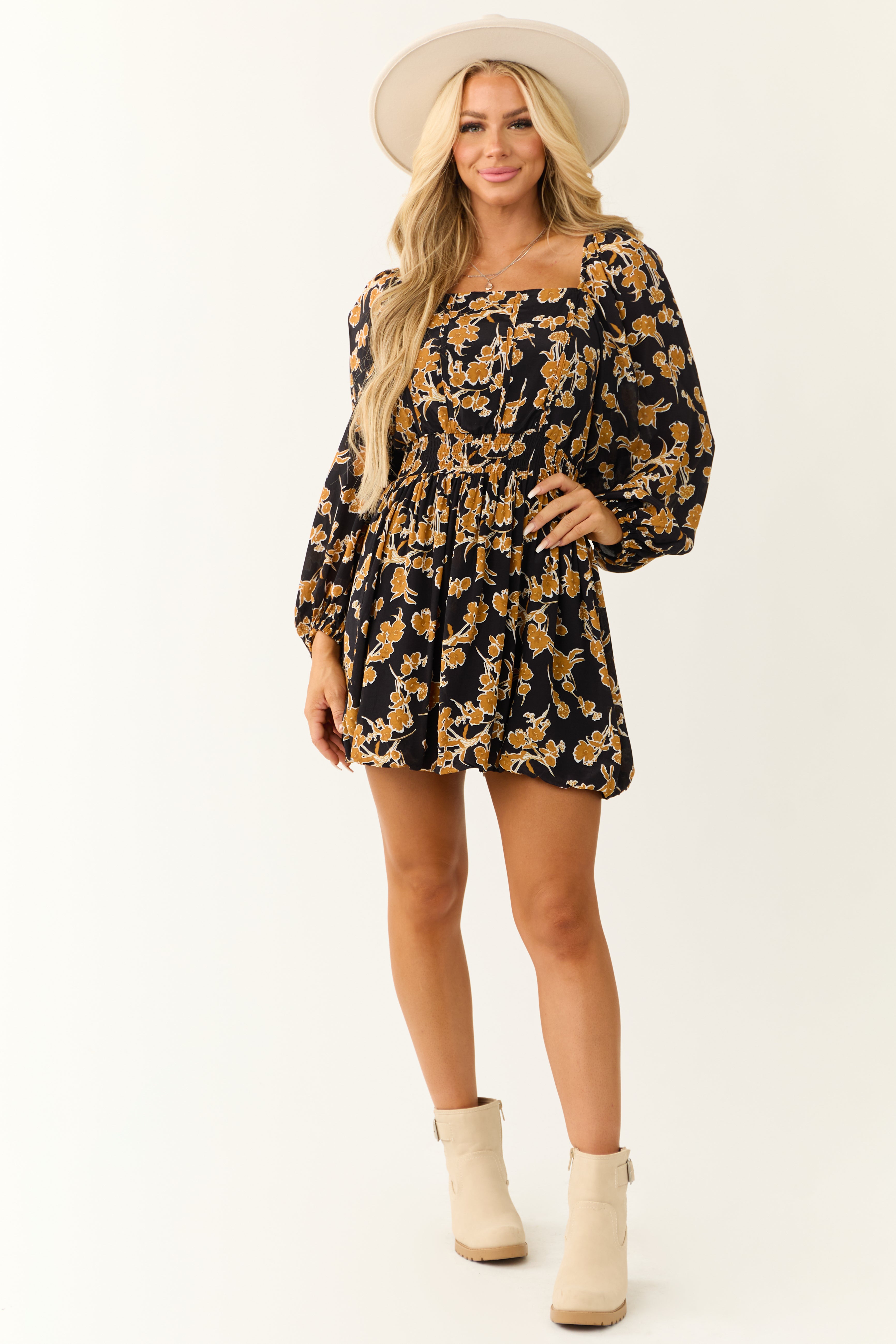 Black and Mango Floral Print Mini Dress