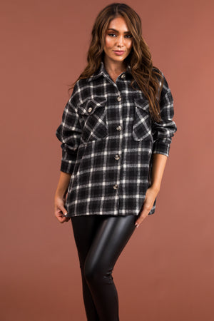 Black and Off White Plaid Button Up Shacket