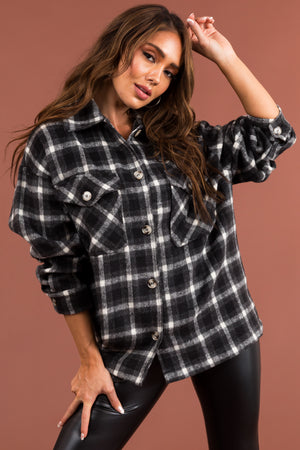 Black and Off White Plaid Button Up Shacket