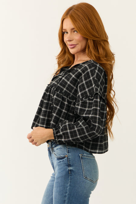 Black and Off White Plaid Long Sleeve Top