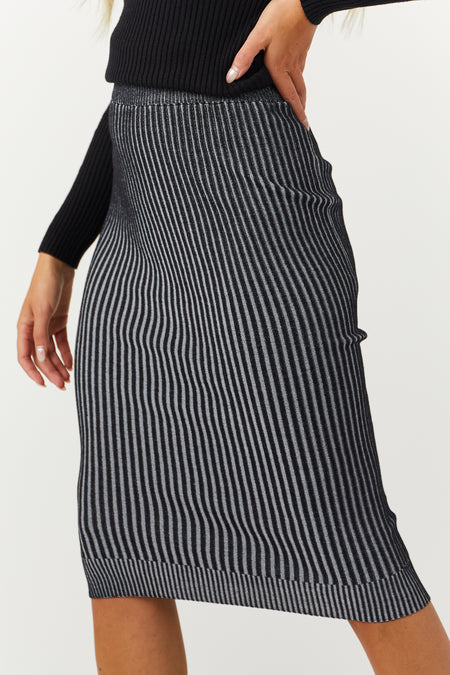 Black and Off White Ribbed Knit Midi Skirt