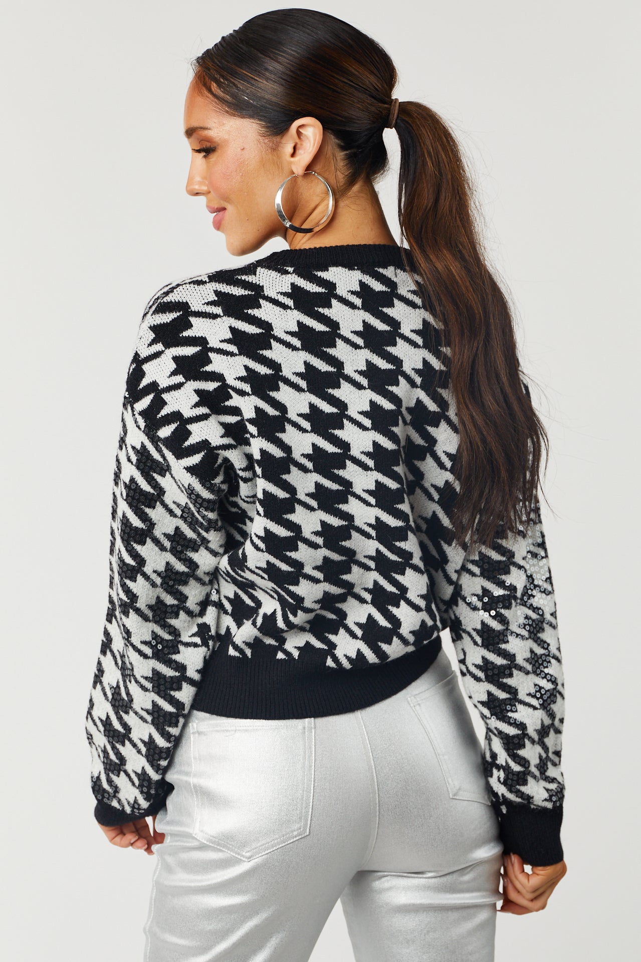 Black and Off White Sequin Houndstooth Sweater