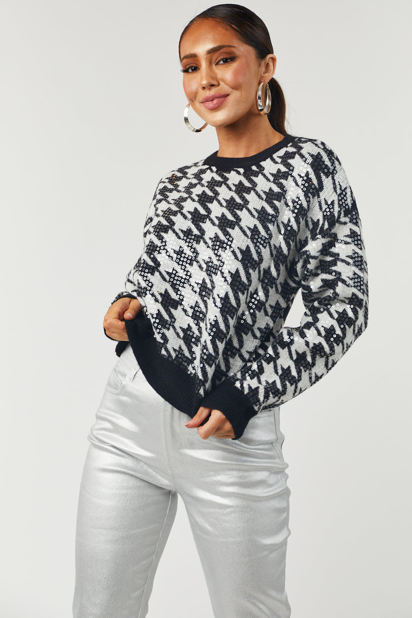 Black and Off White Sequin Houndstooth Sweater