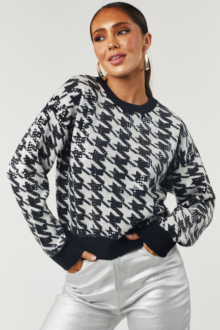 Black and Off White Sequin Houndstooth Sweater