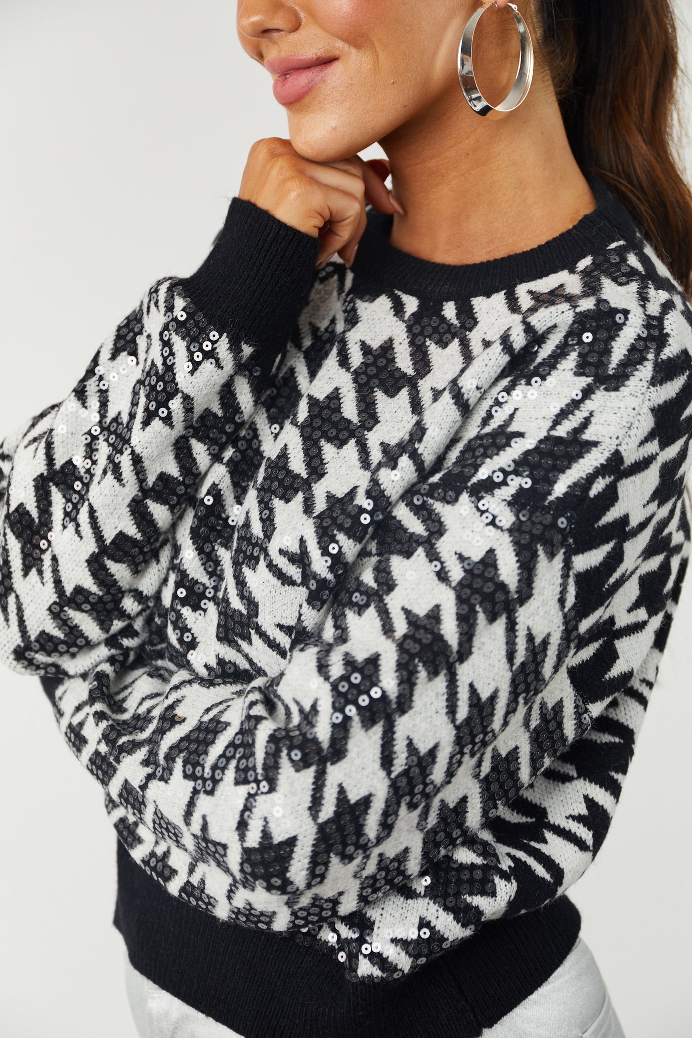 Black and Off White Sequin Houndstooth Sweater