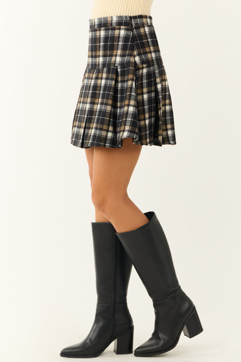 Black and Peanut Plaid Pleated Mini Skirt