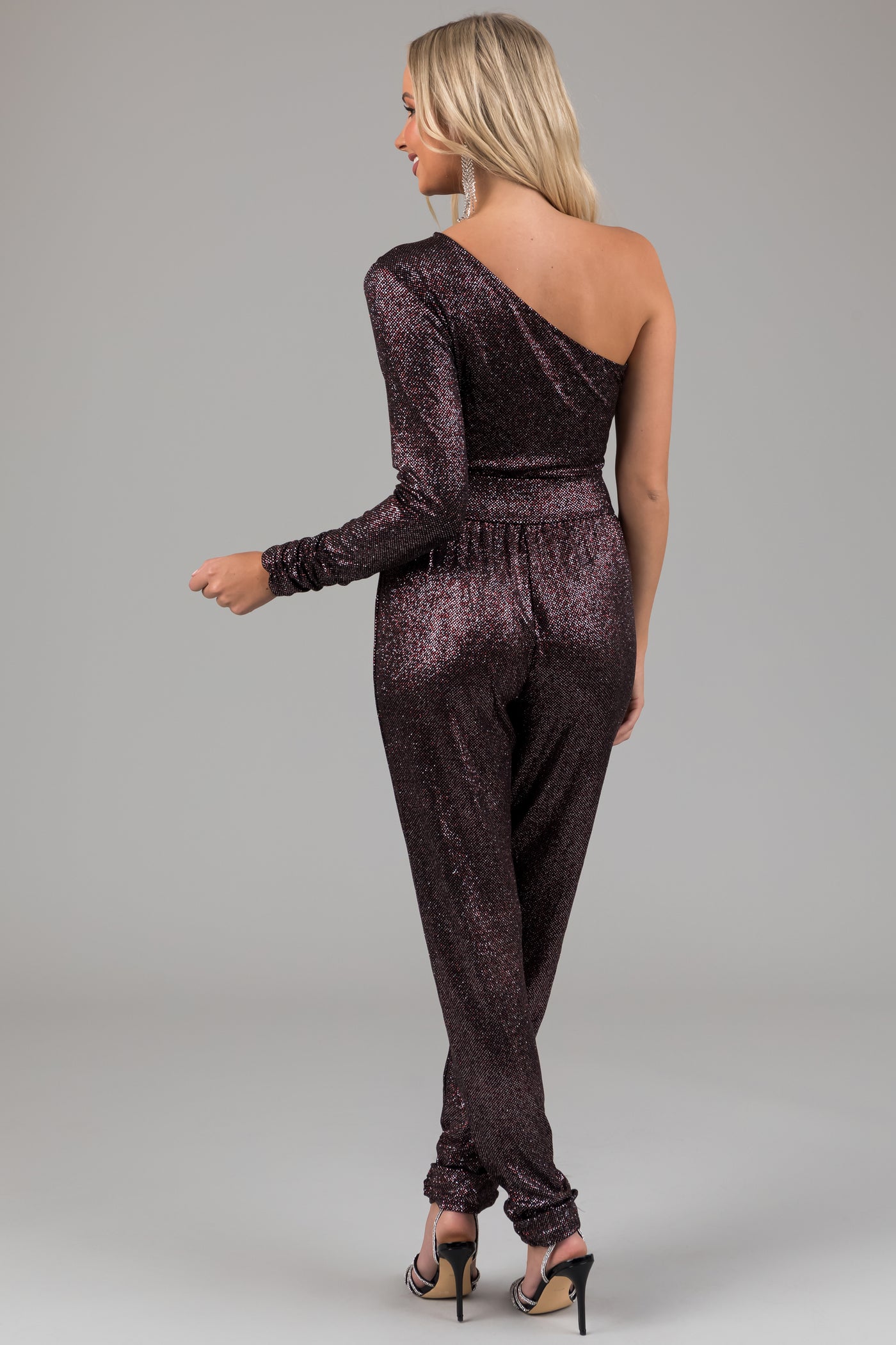 Black and Ruby One Shoulder Sparkle Jumpsuit | Lime Lush
