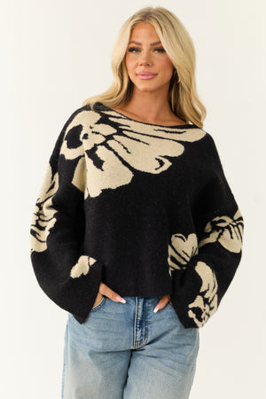 Black and Sand Floral Print Wide Sleeve Sweater