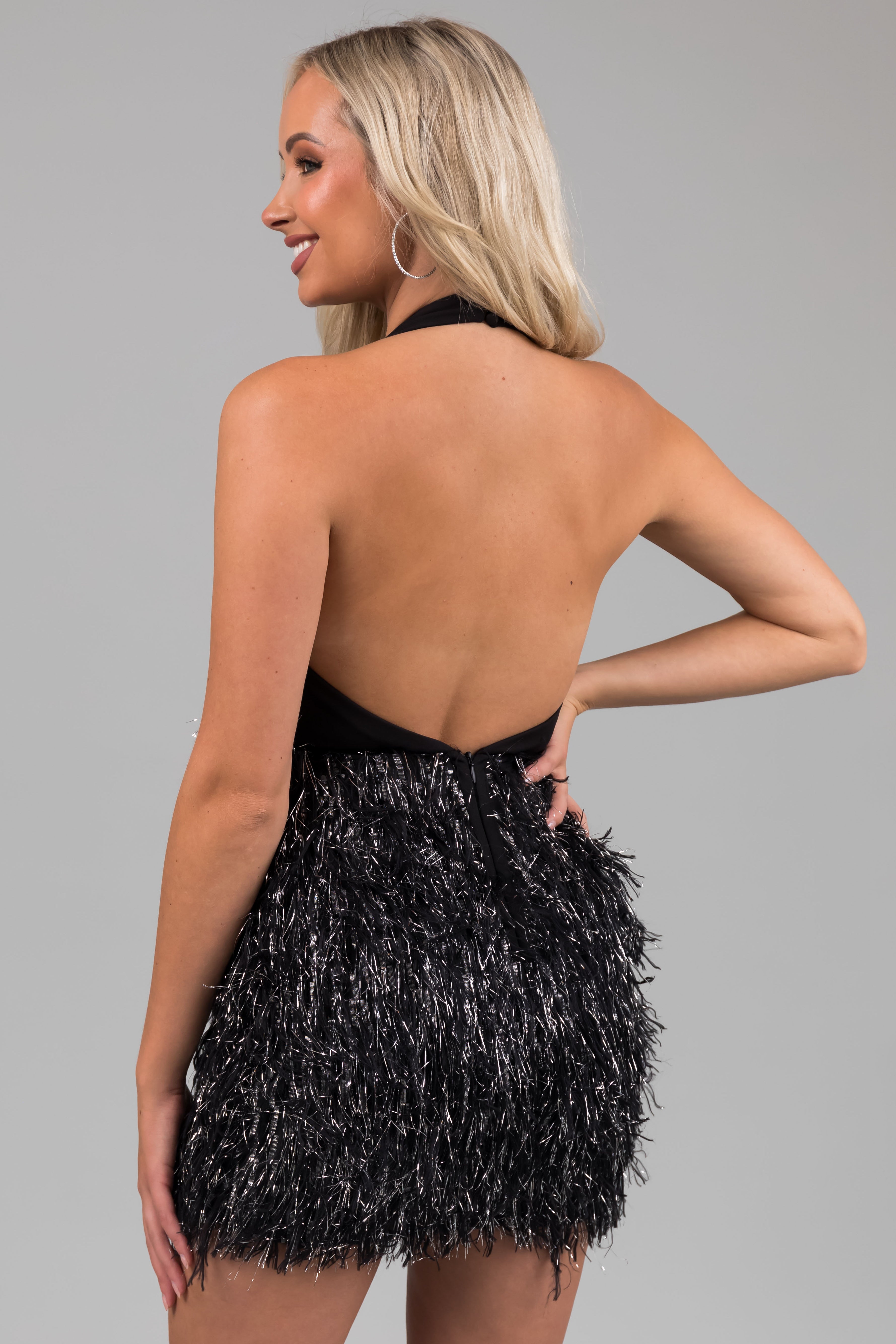 Black and Silver Faux Fur Halter Short Dress