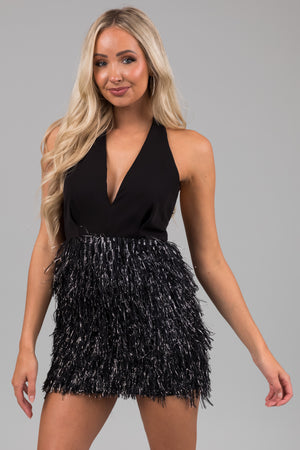 Black and Silver Faux Fur Halter Short Dress