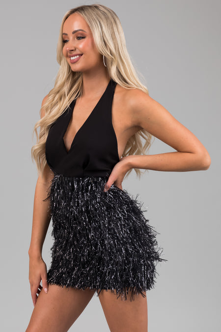 Black and Silver Faux Fur Halter Short Dress