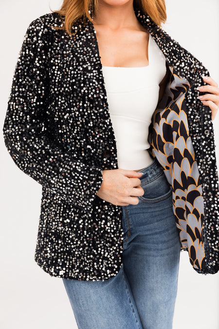 Black and Silver Sequin Velvet Blazer