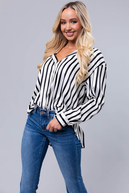 Black and Vanilla Striped Satin Long Sleeve Top