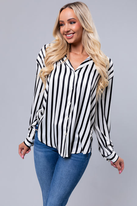 Black and Vanilla Striped Satin Long Sleeve Top