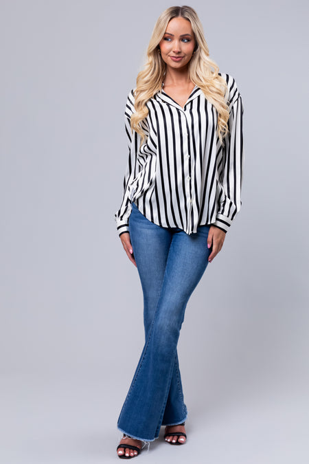 Black and Vanilla Striped Satin Long Sleeve Top