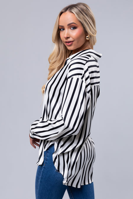 Black and Vanilla Striped Satin Long Sleeve Top