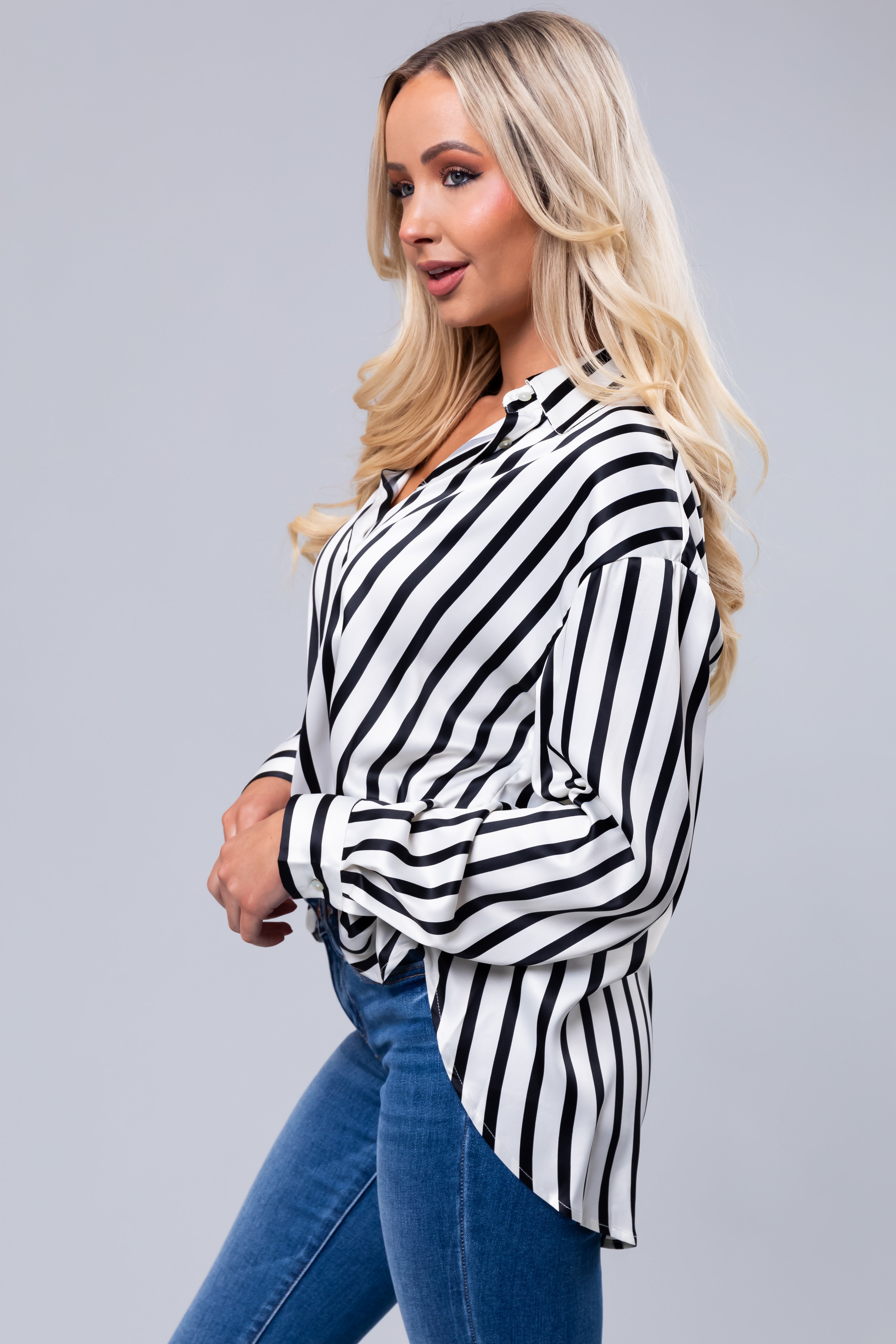 Black and Vanilla Striped Satin Long Sleeve Top