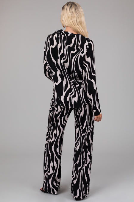 Black and White Abstract Print Top and Pants Set