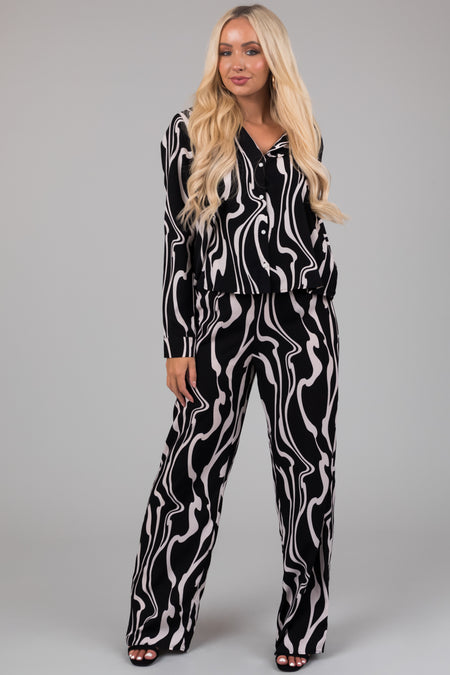 Black and White Abstract Print Top and Pants Set