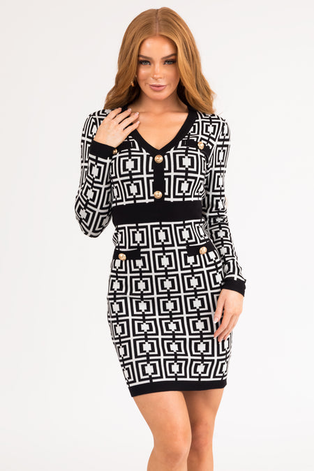 Black and White Geometric Pattern Short Dress