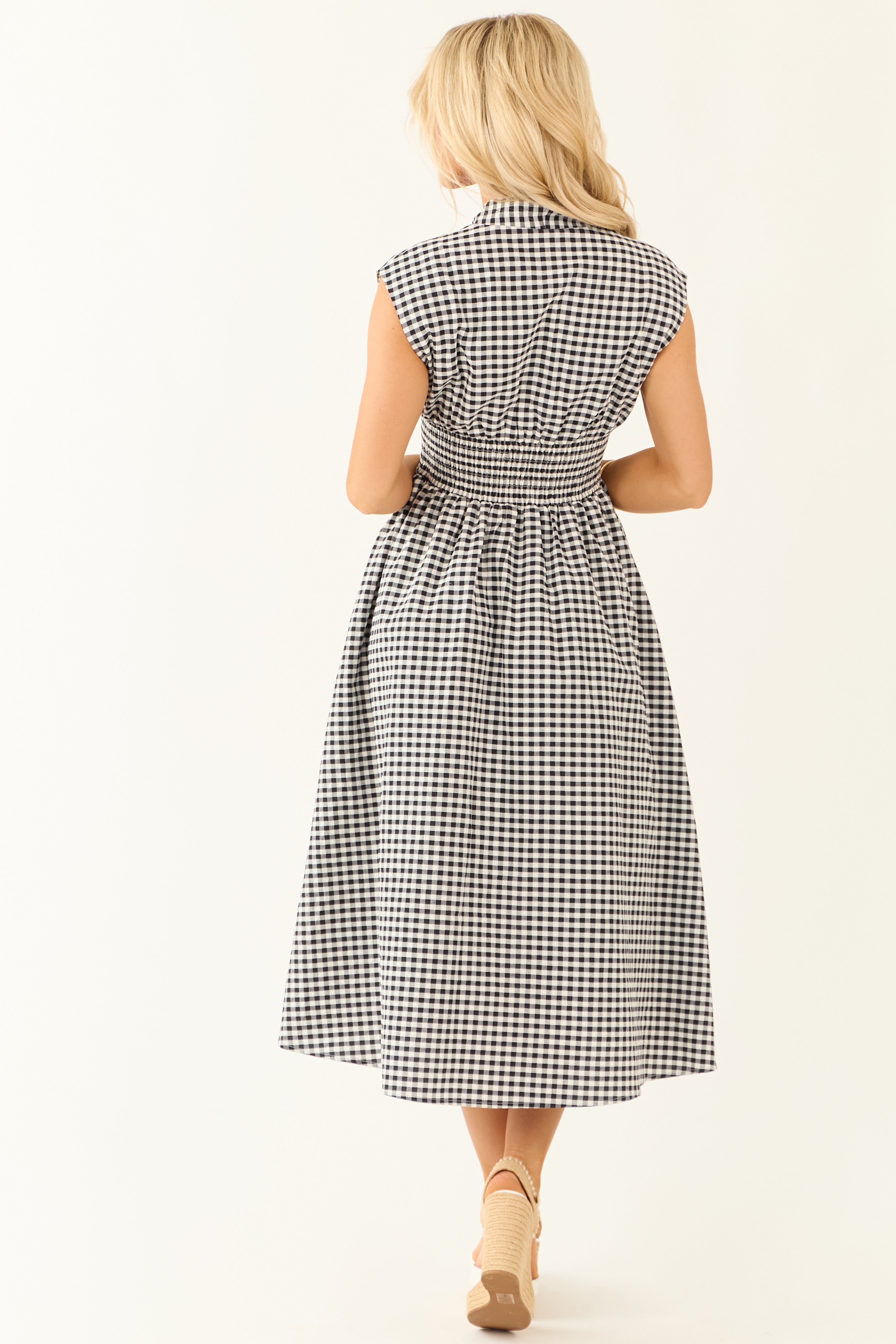 Black and White Gingham Zip Up Sleeveless Midi Dress