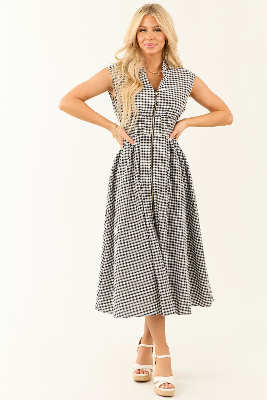 Black and White Gingham Zip Up Sleeveless Midi Dress