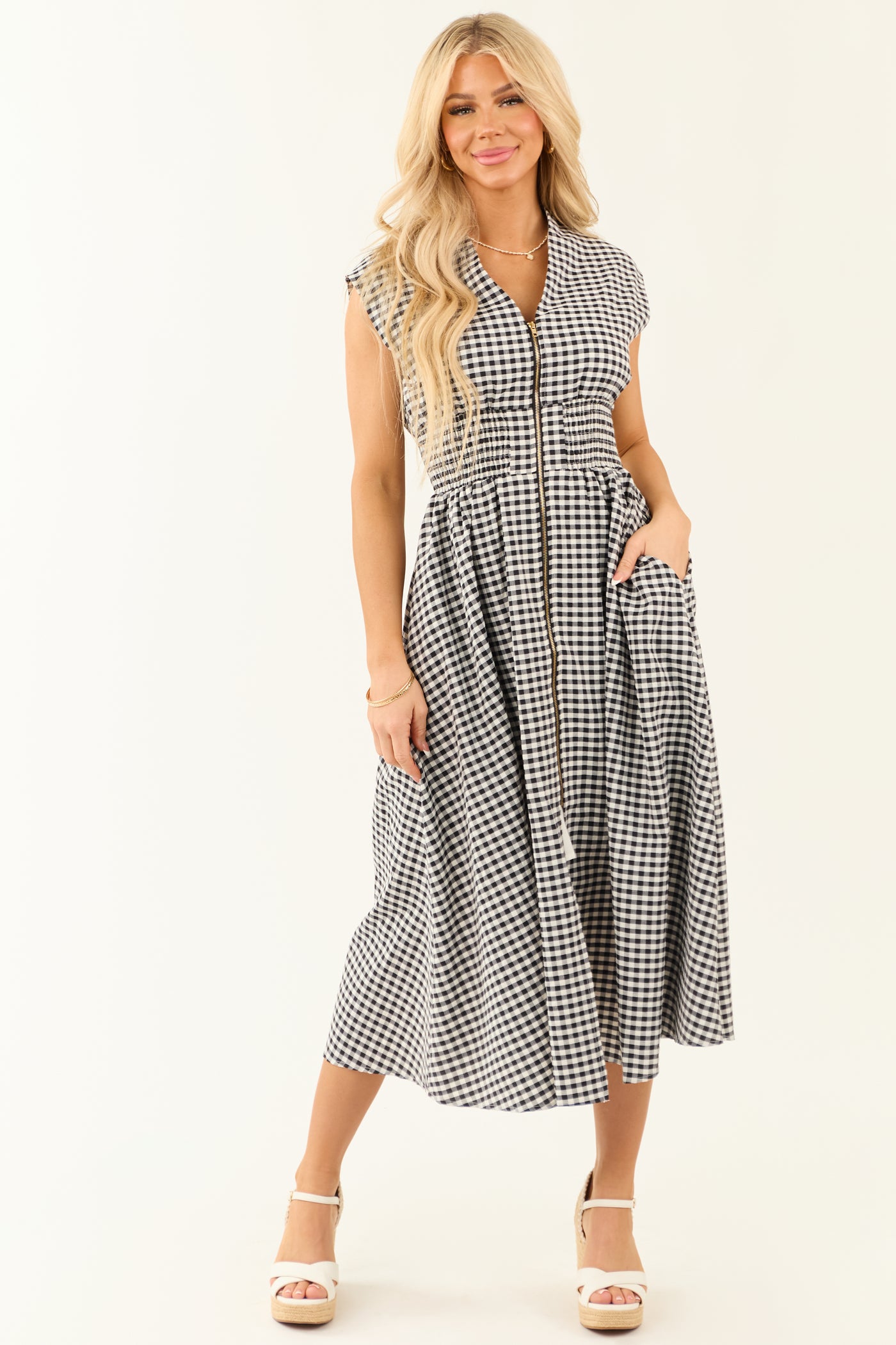 Black and White Gingham Zip Up Sleeveless Midi Dress