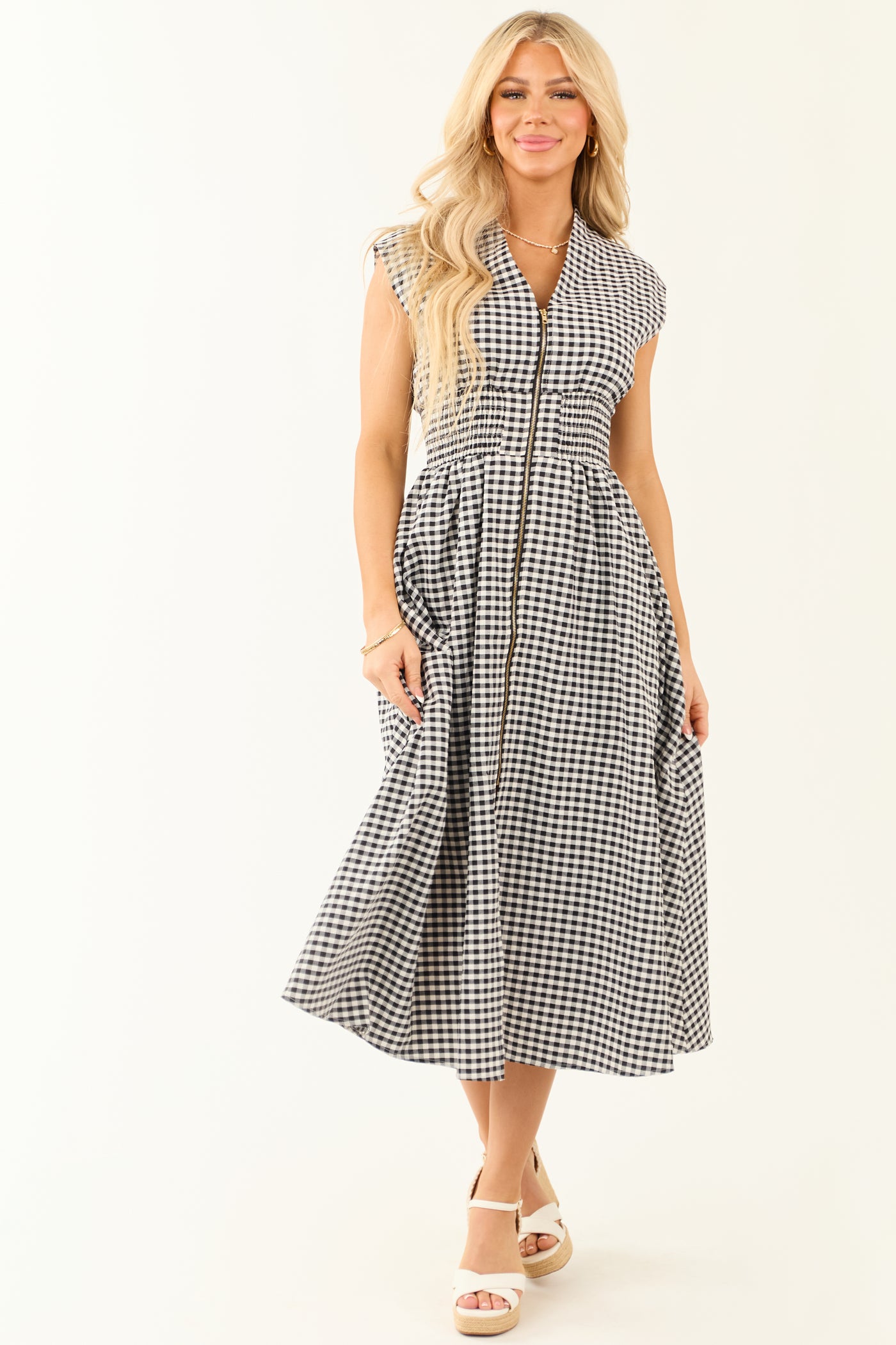 Black and White Gingham Zip Up Sleeveless Midi Dress