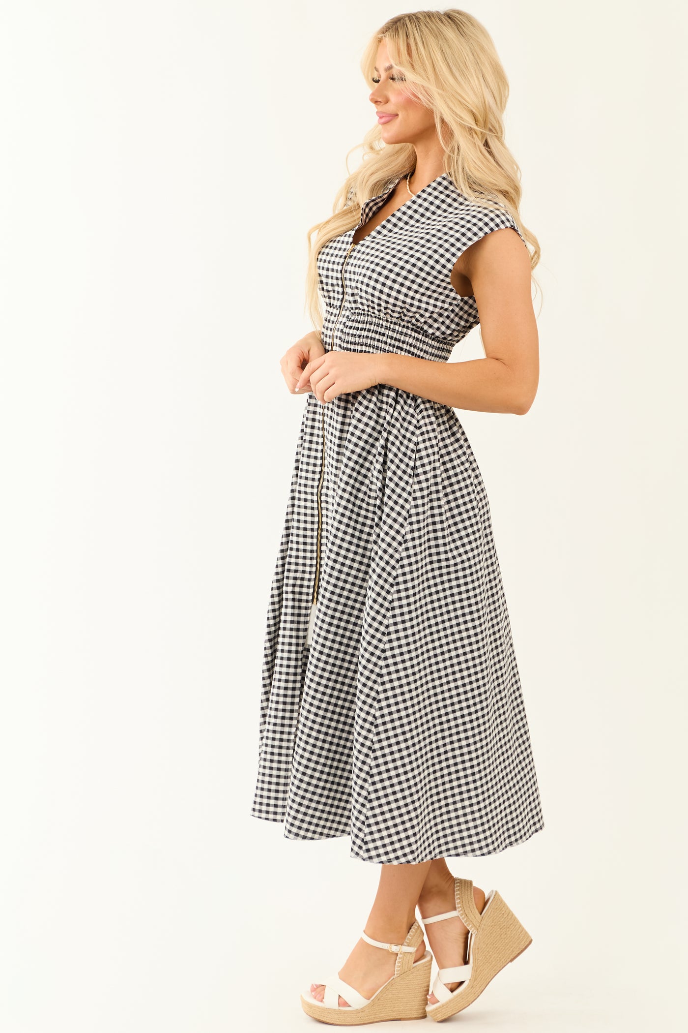 Black and White Gingham Zip Up Sleeveless Midi Dress