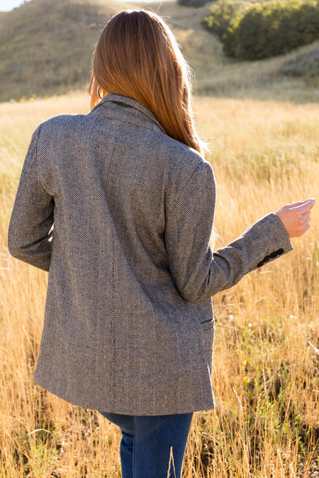 Black and White Herringbone Pattern Blazer