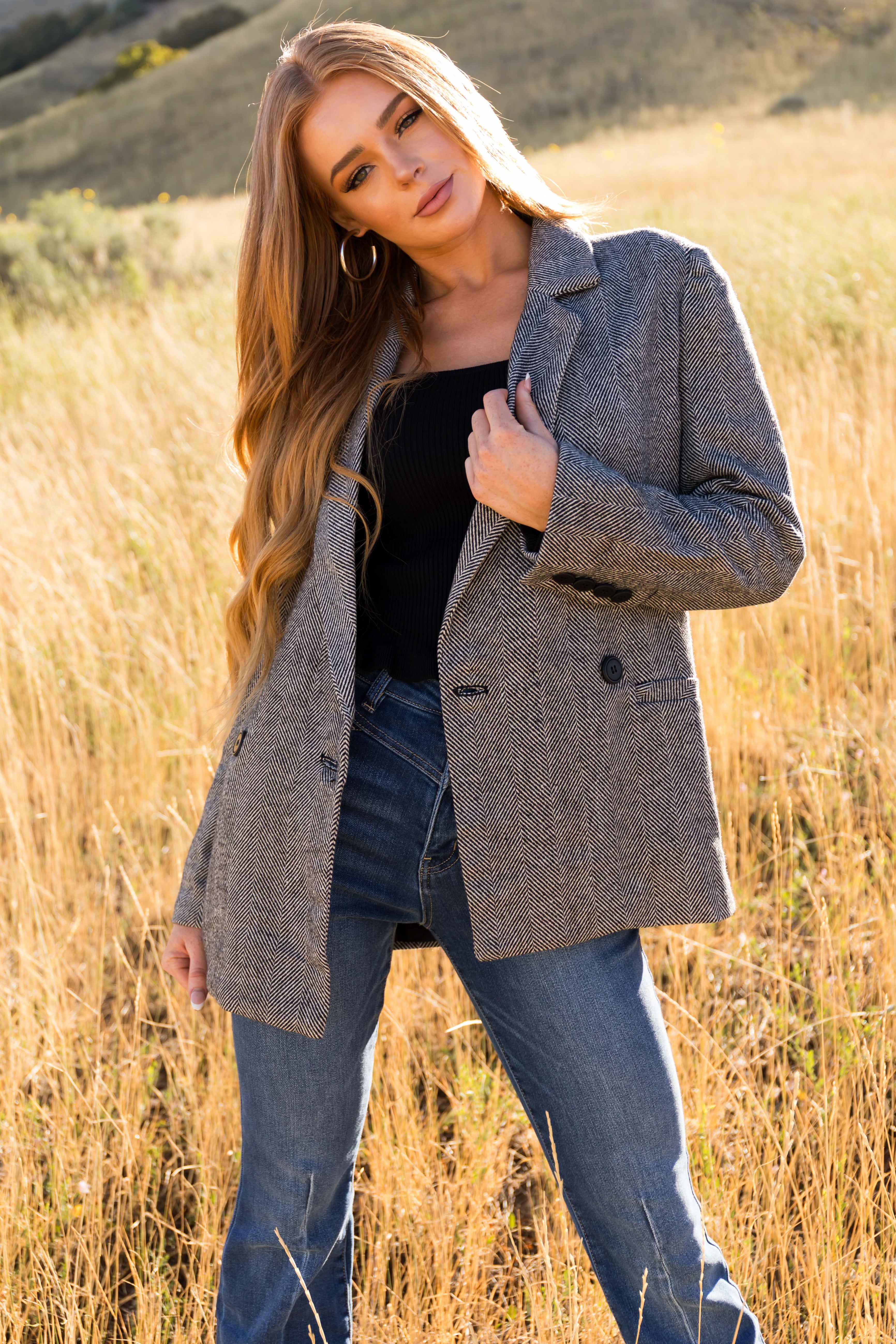 Black and White Herringbone Pattern Blazer