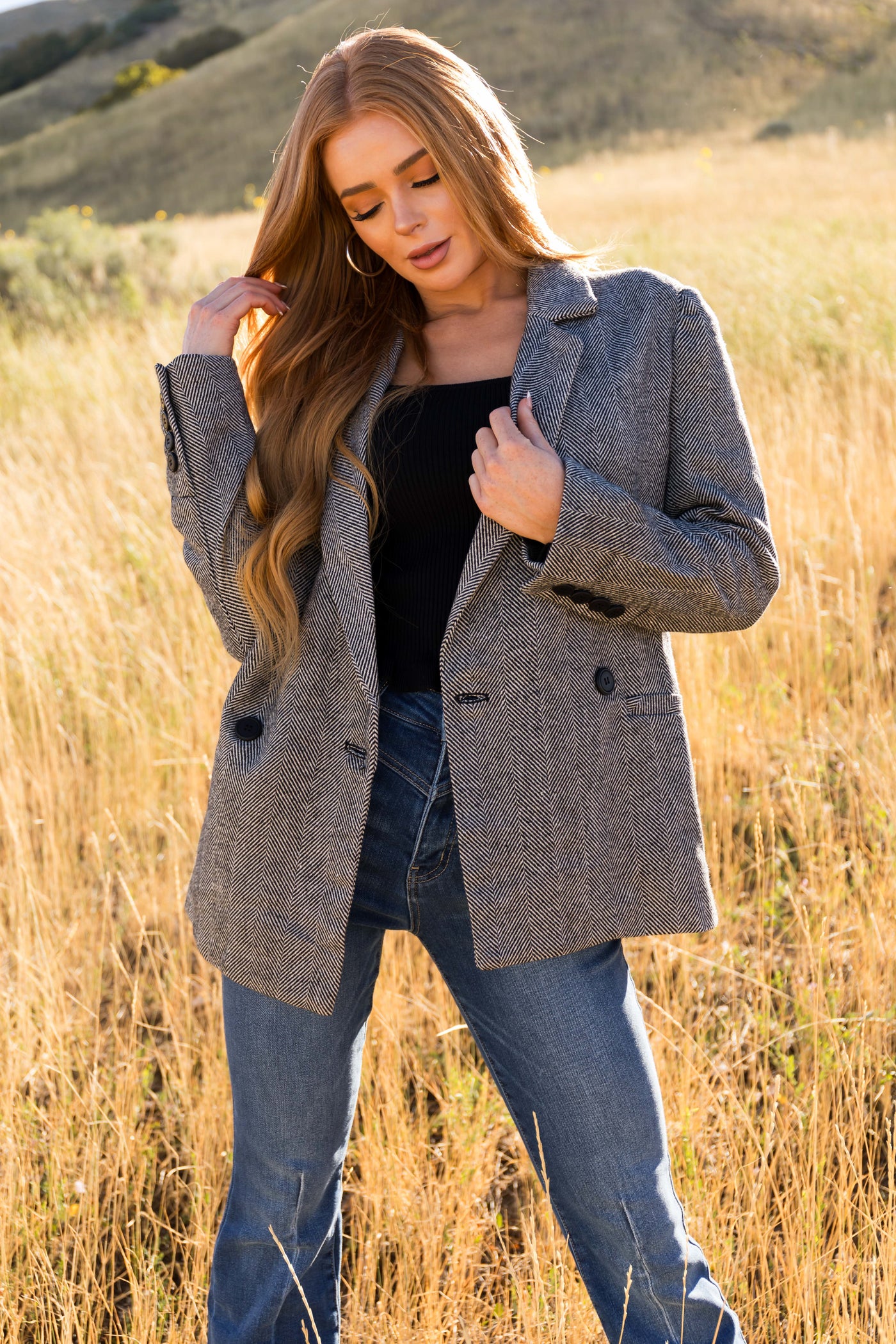 Black and White Herringbone Pattern Blazer