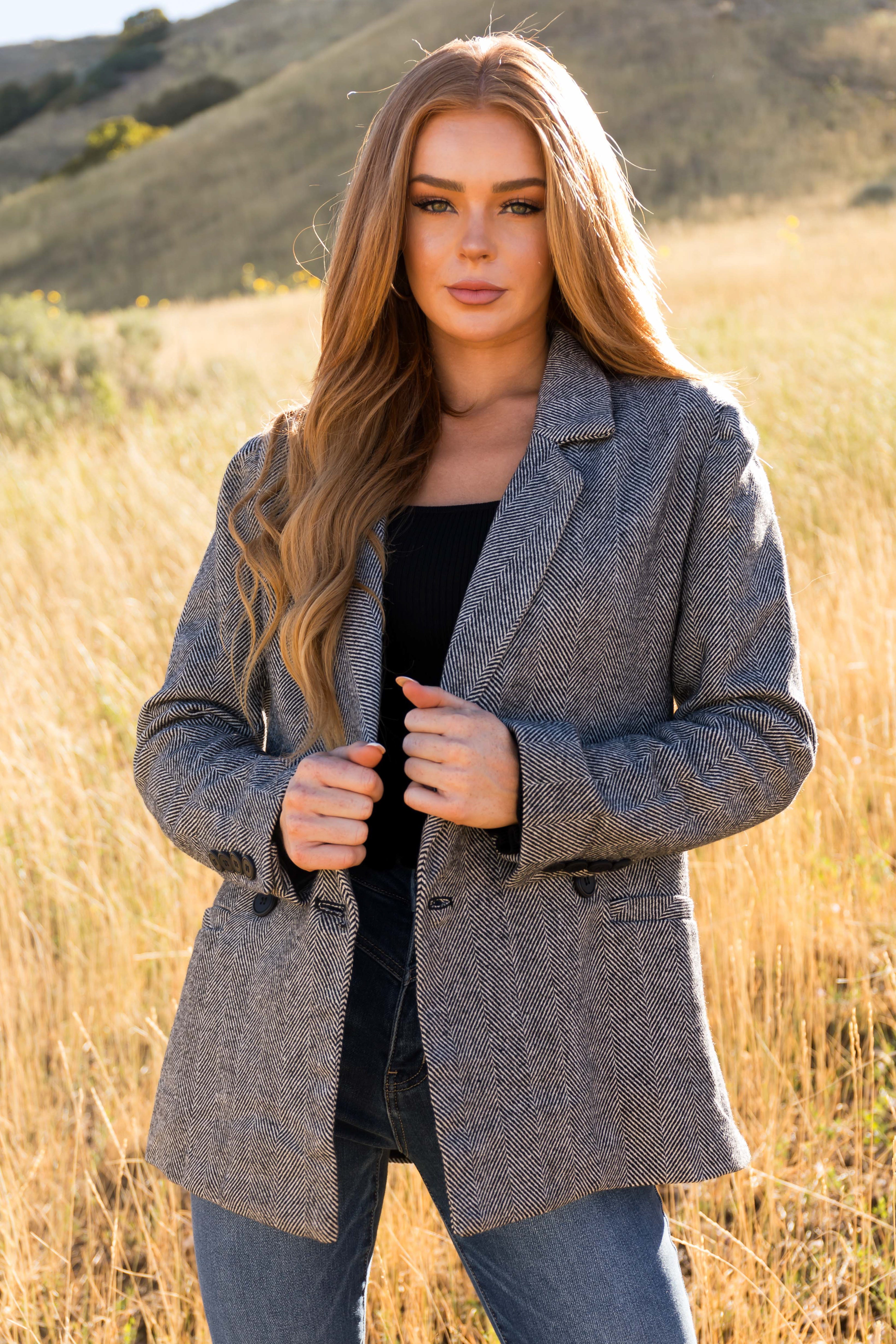 Black and White Herringbone Pattern Blazer