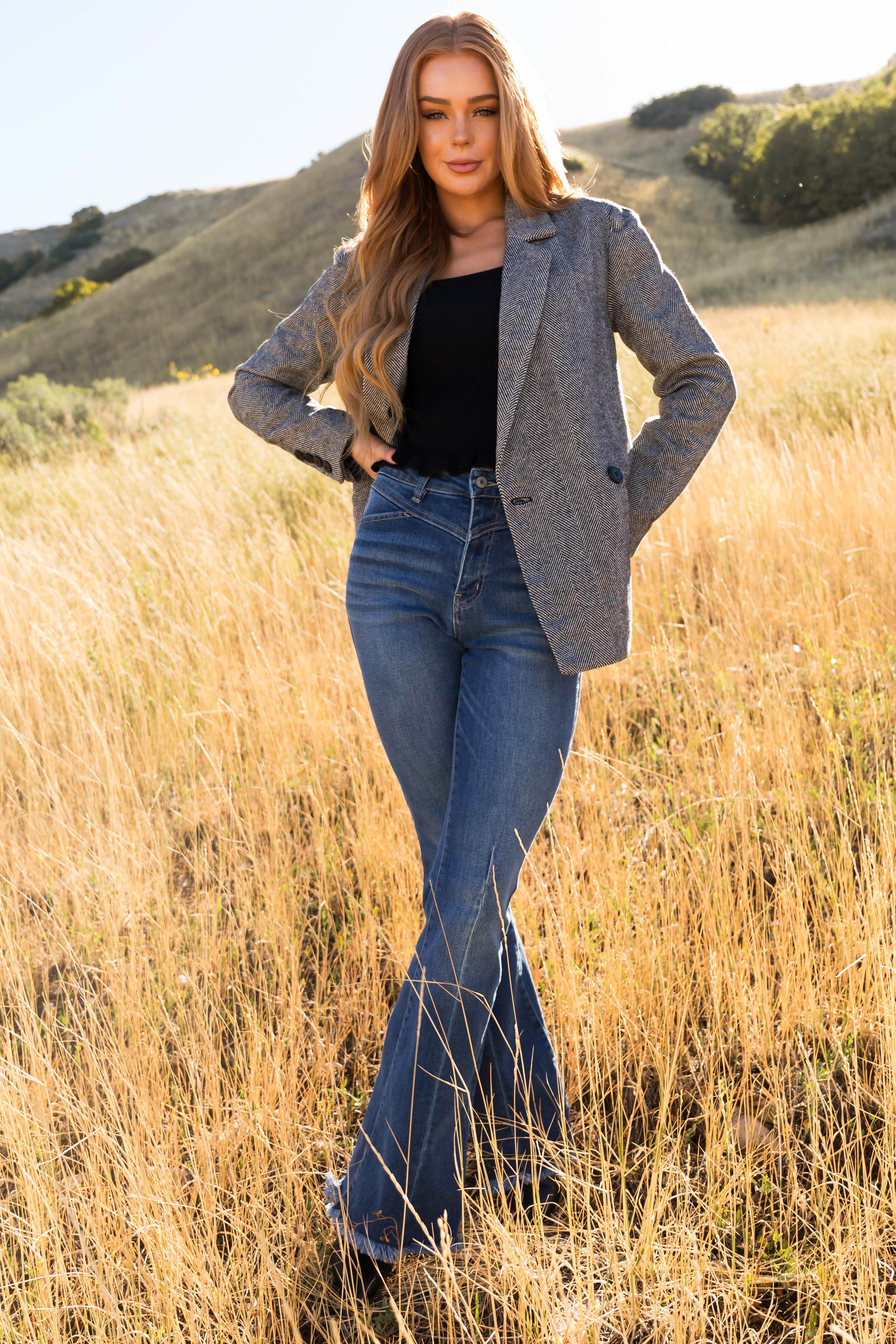 Black and White Herringbone Pattern Blazer