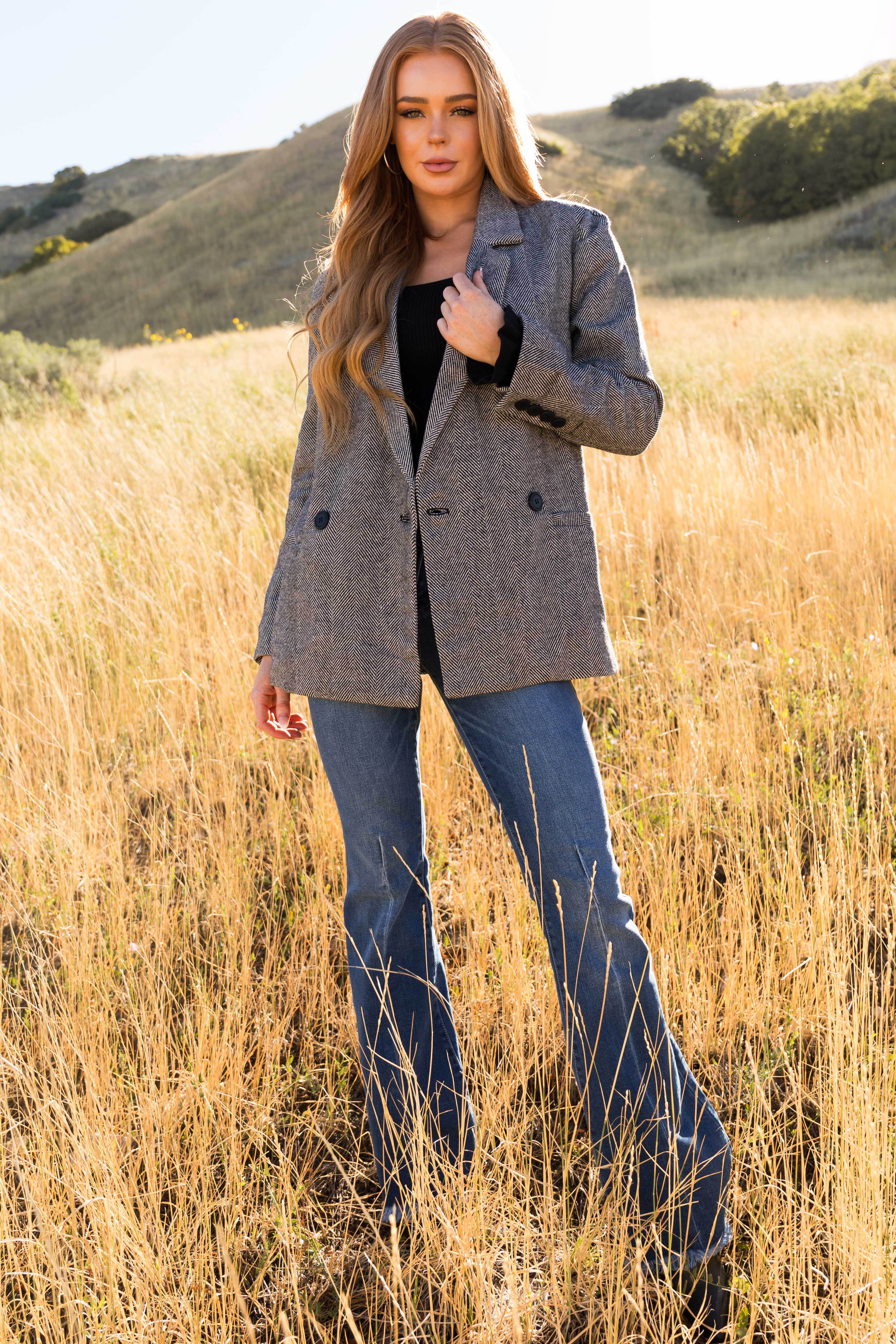 Black and White Herringbone Pattern Blazer