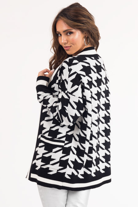 Black and White Houndstooth Open Front Cardigan