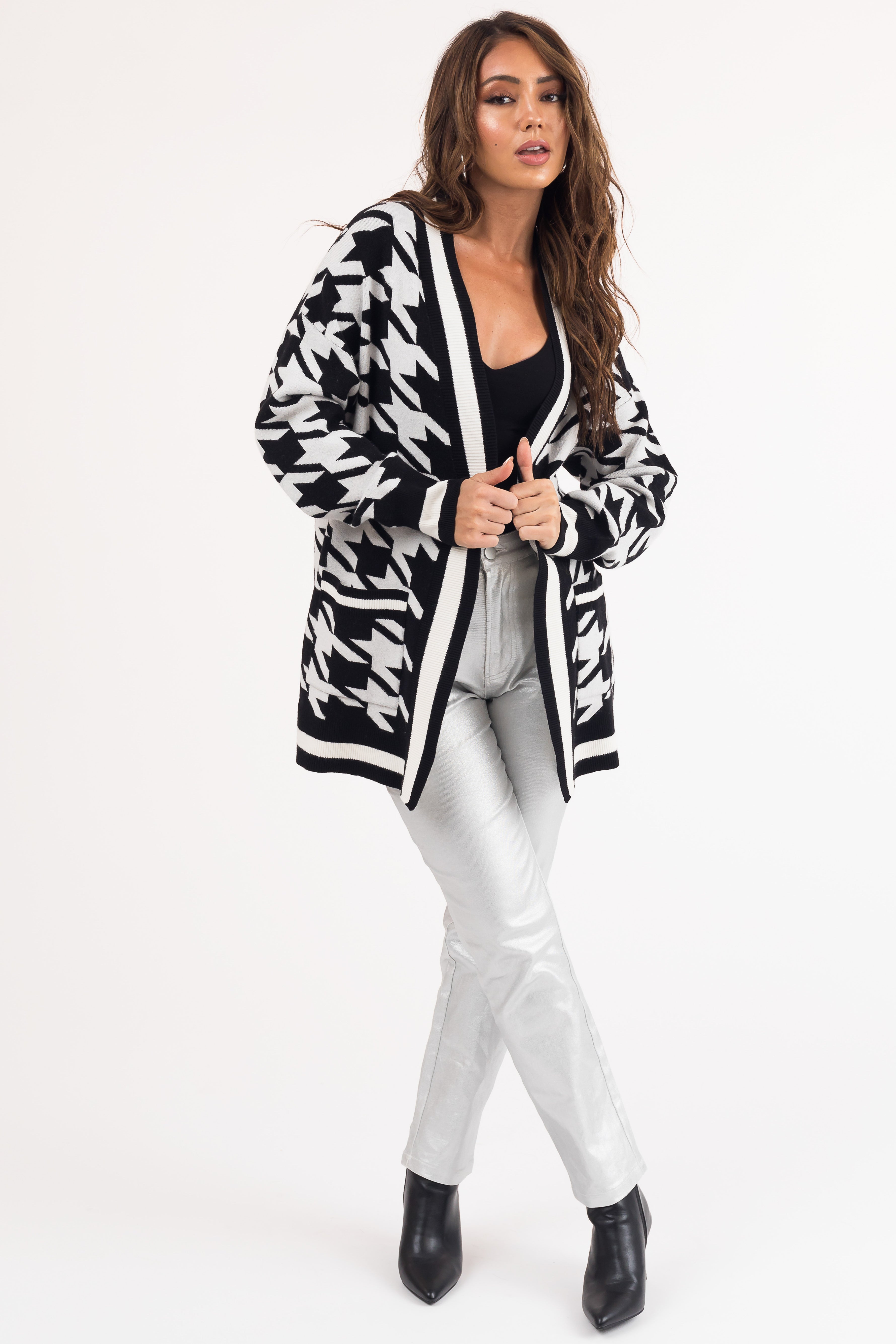 Black and White Houndstooth Open Front Cardigan